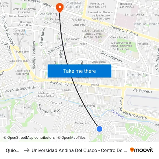 Quiosco to Universidad Andina Del Cusco - Centro De Idiomas map