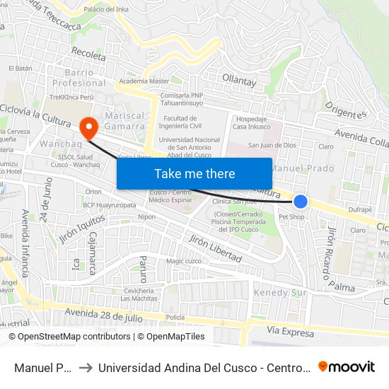 Manuel Prado to Universidad Andina Del Cusco - Centro De Idiomas map