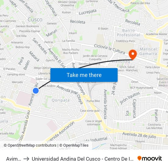 Avimax to Universidad Andina Del Cusco - Centro De Idiomas map