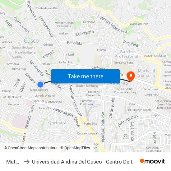 Matara to Universidad Andina Del Cusco - Centro De Idiomas map