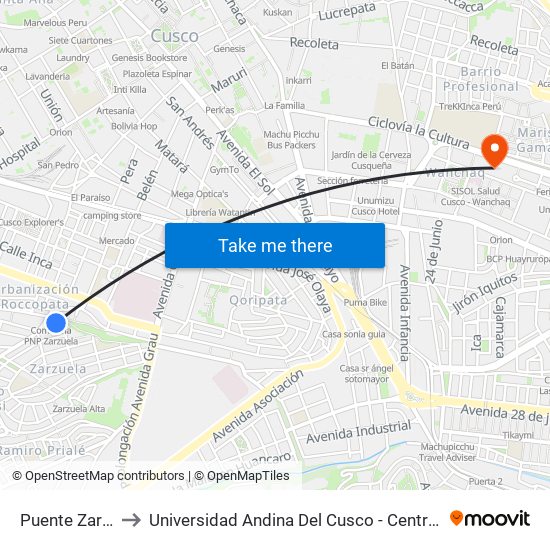Puente Zarzuela to Universidad Andina Del Cusco - Centro De Idiomas map