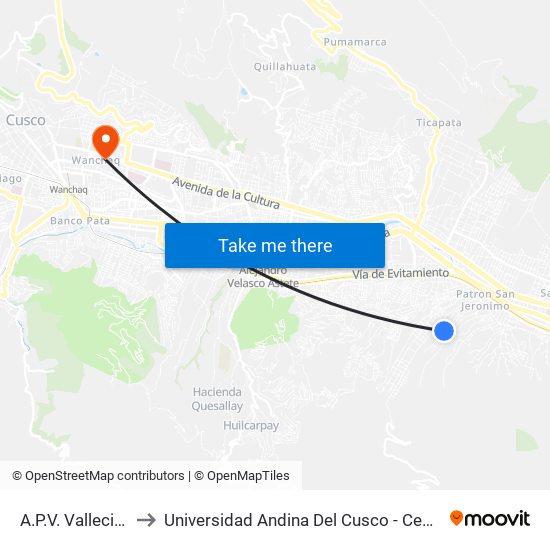 A.P.V. Vallecito Final to Universidad Andina Del Cusco - Centro De Idiomas map