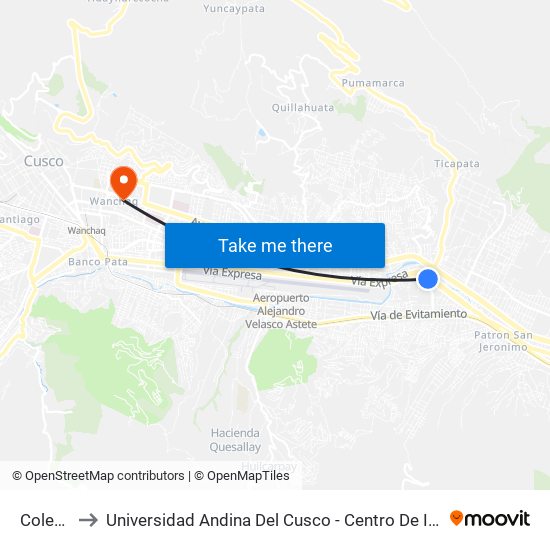 Colegio to Universidad Andina Del Cusco - Centro De Idiomas map