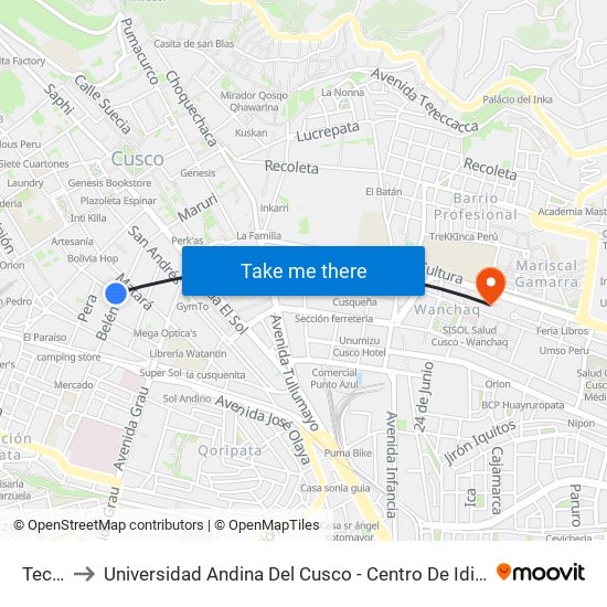 Tecte to Universidad Andina Del Cusco - Centro De Idiomas map