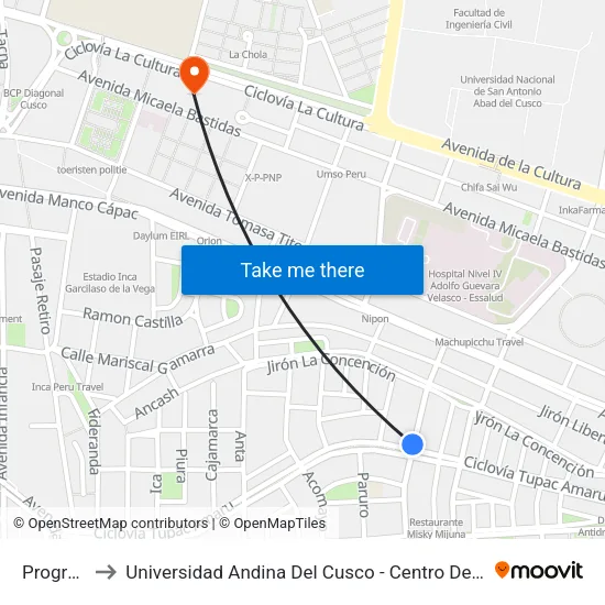Progreso to Universidad Andina Del Cusco - Centro De Idiomas map
