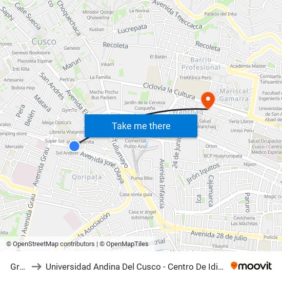 Grau to Universidad Andina Del Cusco - Centro De Idiomas map