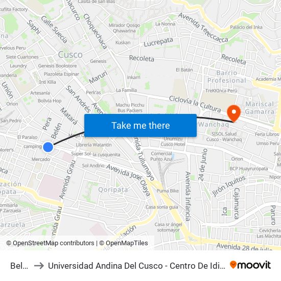 Belén to Universidad Andina Del Cusco - Centro De Idiomas map
