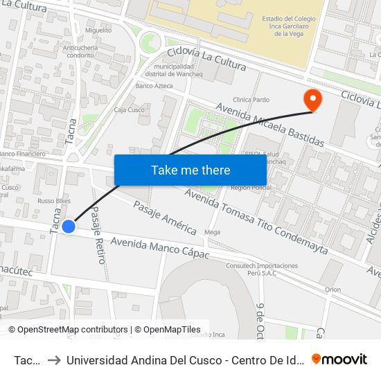 Tacna to Universidad Andina Del Cusco - Centro De Idiomas map