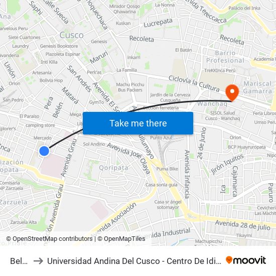Belen to Universidad Andina Del Cusco - Centro De Idiomas map