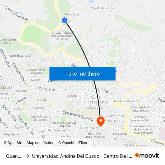 Quenqo to Universidad Andina Del Cusco - Centro De Idiomas map