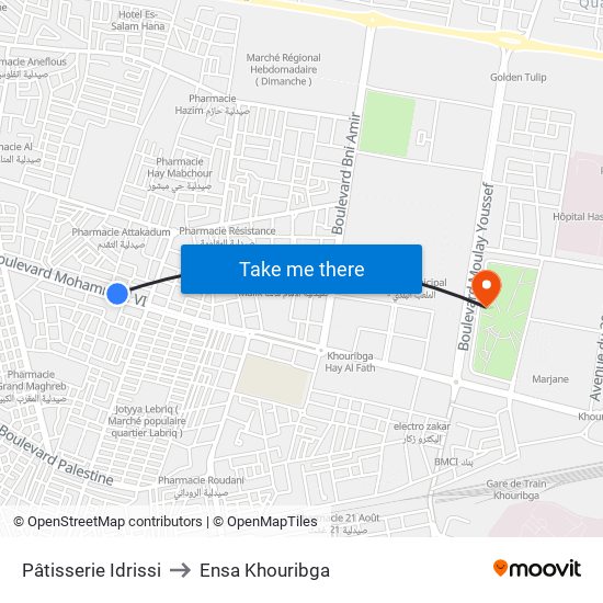 Pâtisserie Idrissi to Ensa Khouribga map