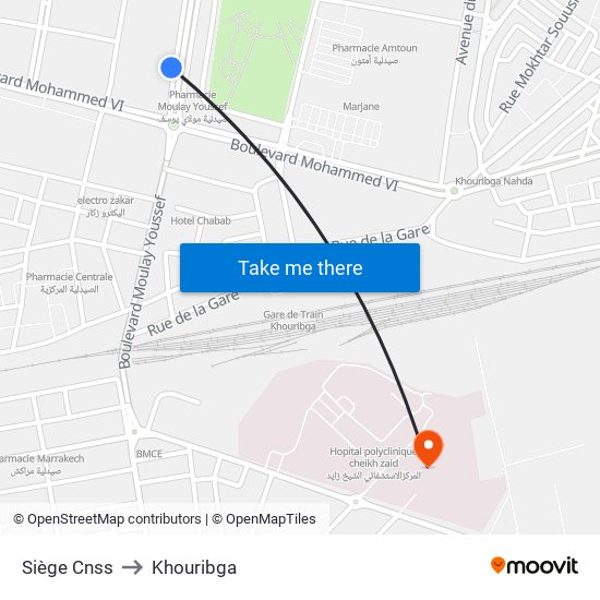 Siège Cnss to Khouribga map