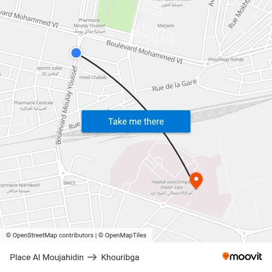 Place Al Moujahidin to Khouribga map