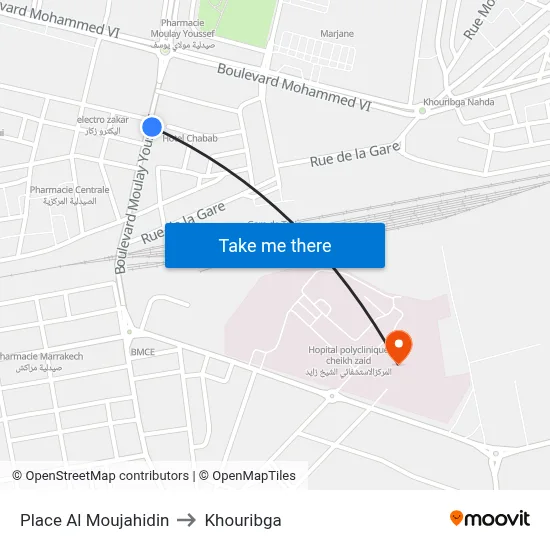 Place Al Moujahidin to Khouribga map