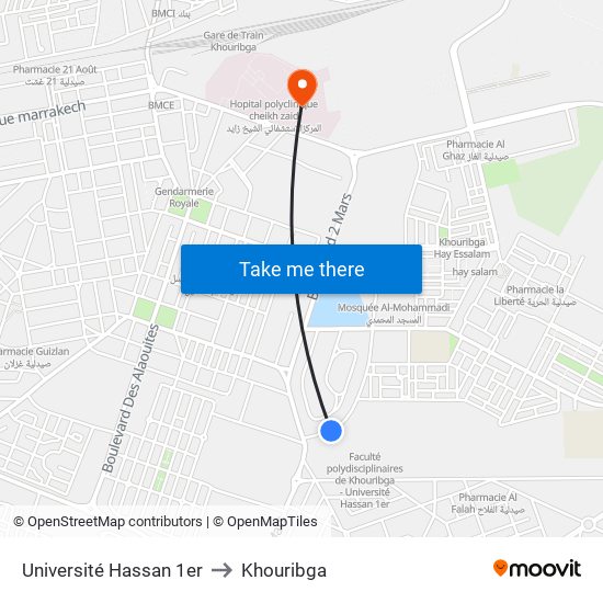 Université Hassan 1er to Khouribga map