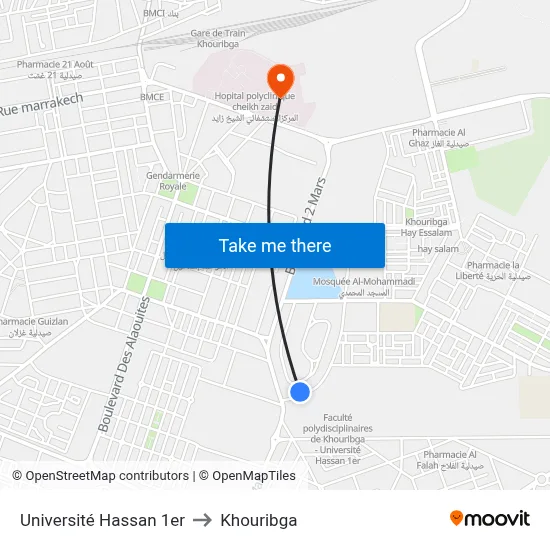 Université Hassan 1er to Khouribga map