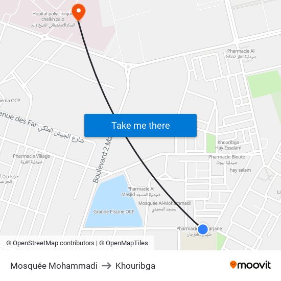 Mosquée Mohammadi to Khouribga map