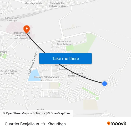Quartier Benjelloun to Khouribga map