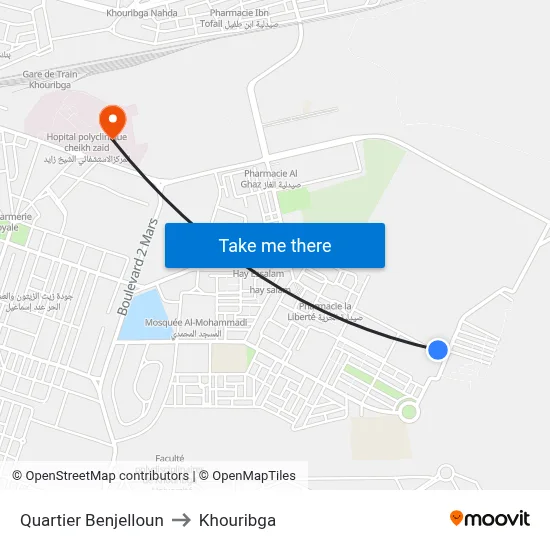 Quartier Benjelloun to Khouribga map