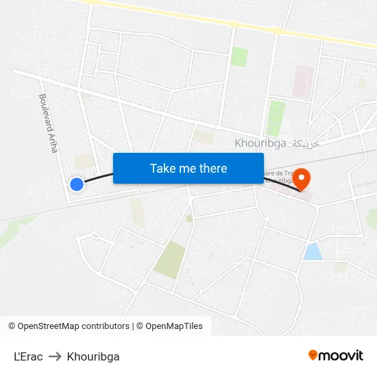 L'Erac to Khouribga map