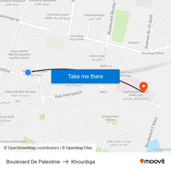 Boulevard De Palestine to Khouribga map