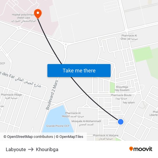 Labyoute to Khouribga map