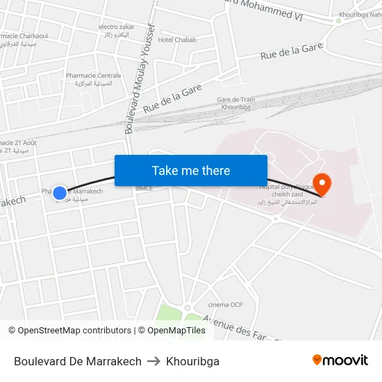 Marrakech Boulevard to Khouribga map