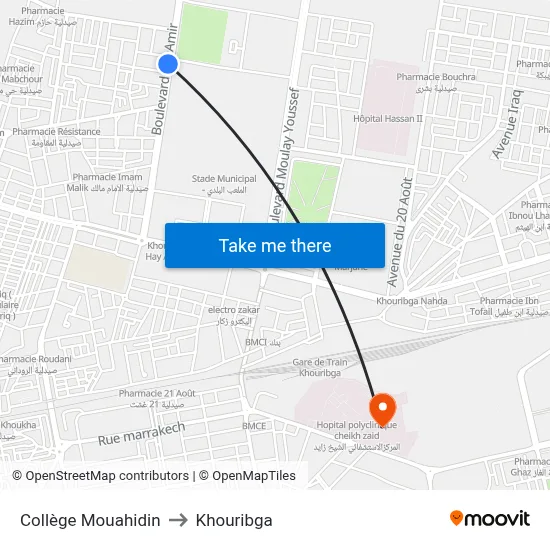 Collège Mouahidin to Khouribga map
