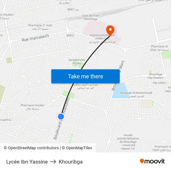Ibn Yassine High School to Khouribga map