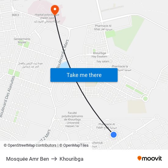 Mosquée Amr Ben to Khouribga map