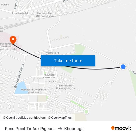 Rond Point Tir Aux Pigeons to Khouribga map