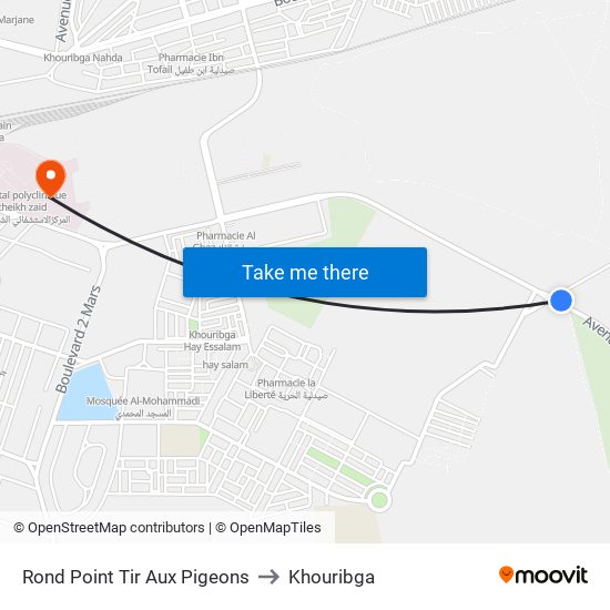 Rond Point Tir Aux Pigeons to Khouribga map