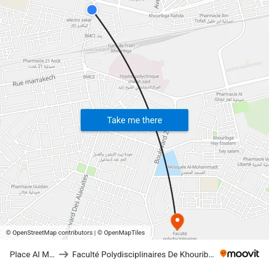 Place Al Moujahidin to Faculté Polydisciplinaires De Khouribga - Université Hassan 1er map