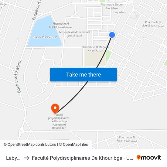 Labyoute to Faculté Polydisciplinaires De Khouribga - Université Hassan 1er map