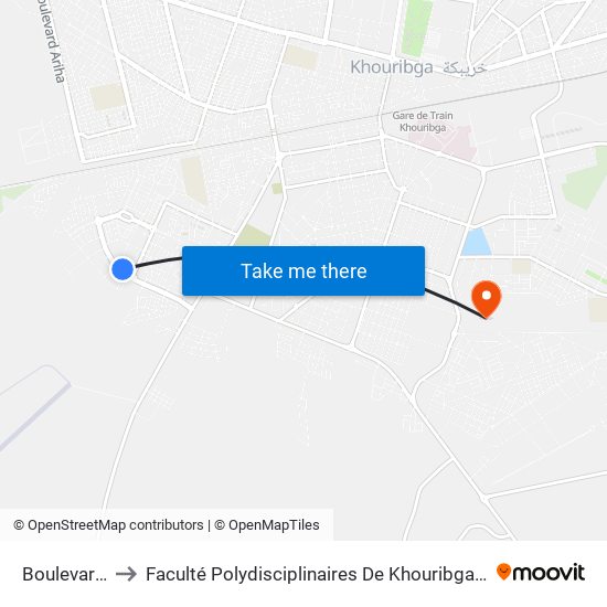 Boulevard Ariha to Faculté Polydisciplinaires De Khouribga - Université Hassan 1er map