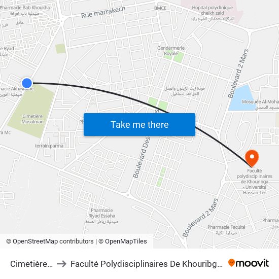 Cimetière - Hamo to Faculté Polydisciplinaires De Khouribga - Université Hassan 1er map