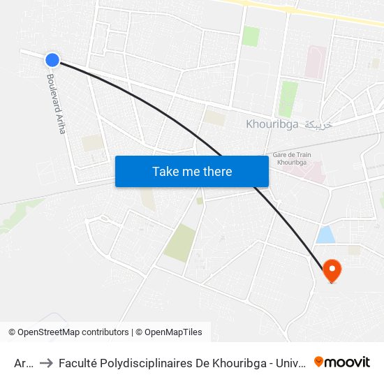 Ariha to Faculté Polydisciplinaires De Khouribga - Université Hassan 1er map