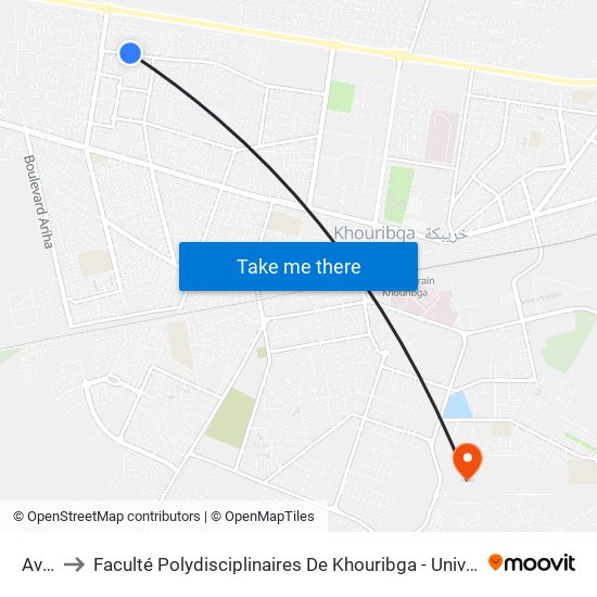 Avola to Faculté Polydisciplinaires De Khouribga - Université Hassan 1er map