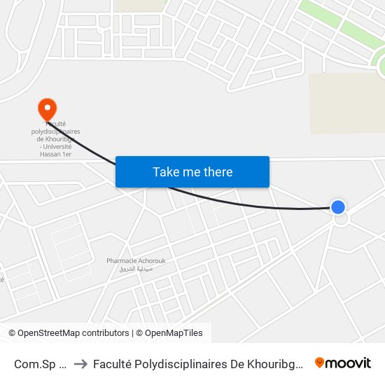 Com.Sp Zitouna to Faculté Polydisciplinaires De Khouribga - Université Hassan 1er map