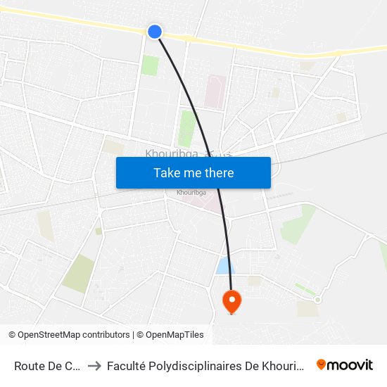 Route De Casablanca to Faculté Polydisciplinaires De Khouribga - Université Hassan 1er map