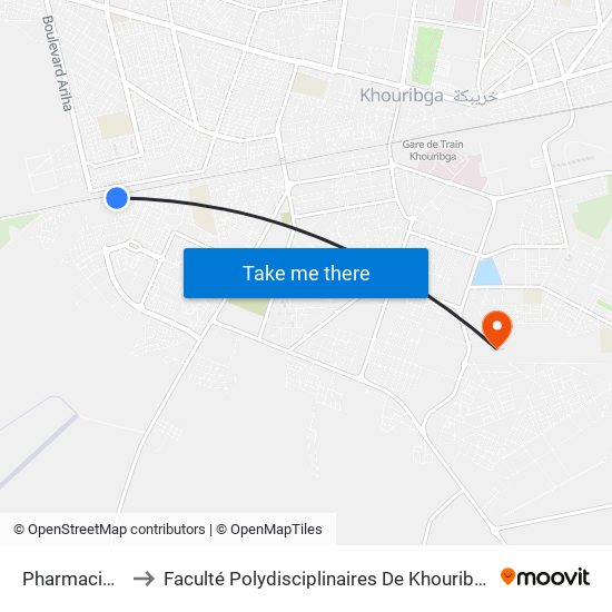 Pharmacie Al Hayat to Faculté Polydisciplinaires De Khouribga - Université Hassan 1er map