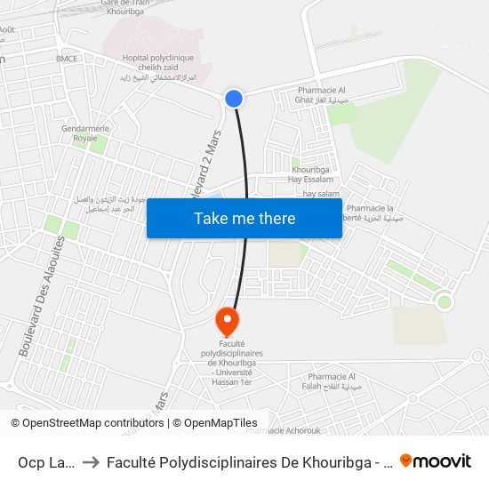 Ocp Labyout to Faculté Polydisciplinaires De Khouribga - Université Hassan 1er map