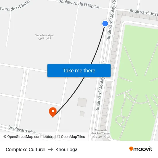 Complexe Culturel to Khouribga map