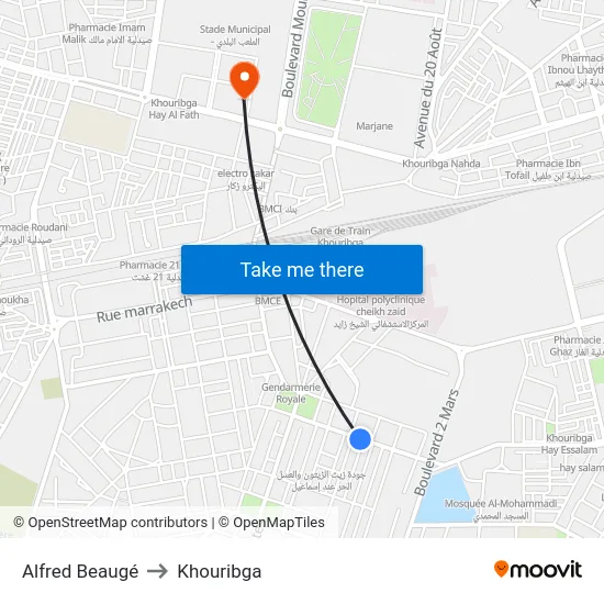 Alfred Beaugé to Khouribga map