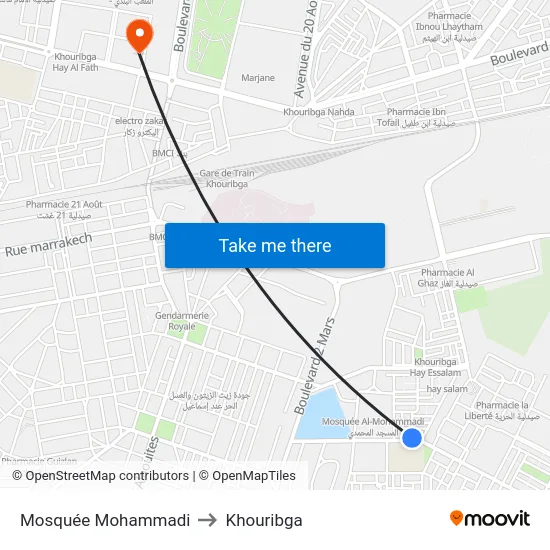 Mosquée Mohammadi to Khouribga map