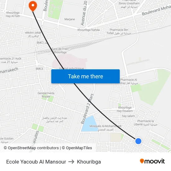 Ecole Yacoub Al Mansour to Khouribga map