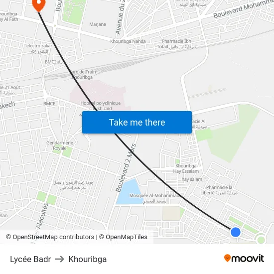 Lycée Badr to Khouribga map