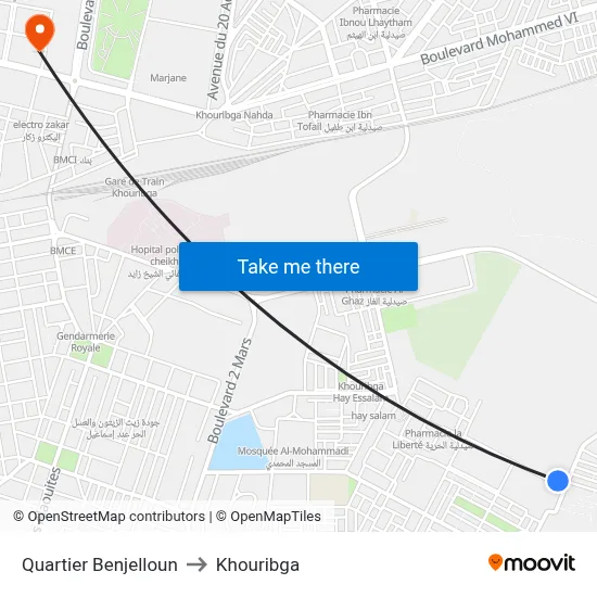 Quartier Benjelloun to Khouribga map