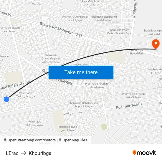 L'Erac to Khouribga map