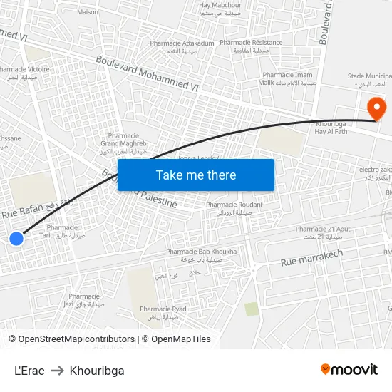 L'Erac to Khouribga map